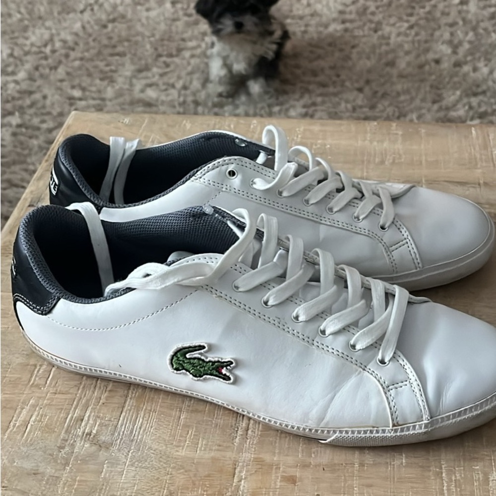 Lacoste White Leather Sneakers with Green Croc and Black Accents